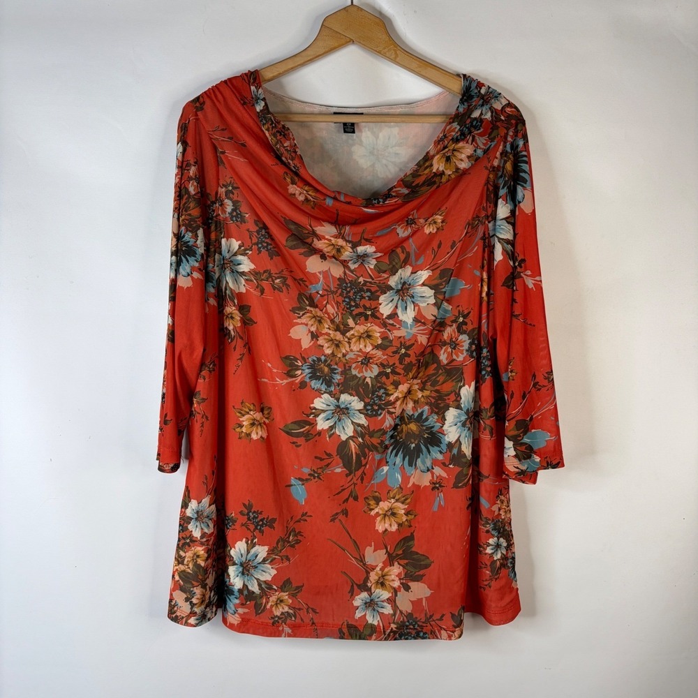 Investments II Top Womens 2X Orange Floral Cowl Neck Mesh 3/4 Sleeve Blouse